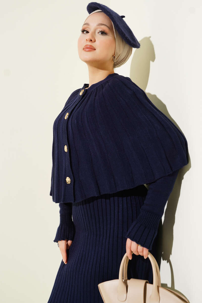 Buttoned Cape Knit Dress Set Navy Blue - Imagen 2