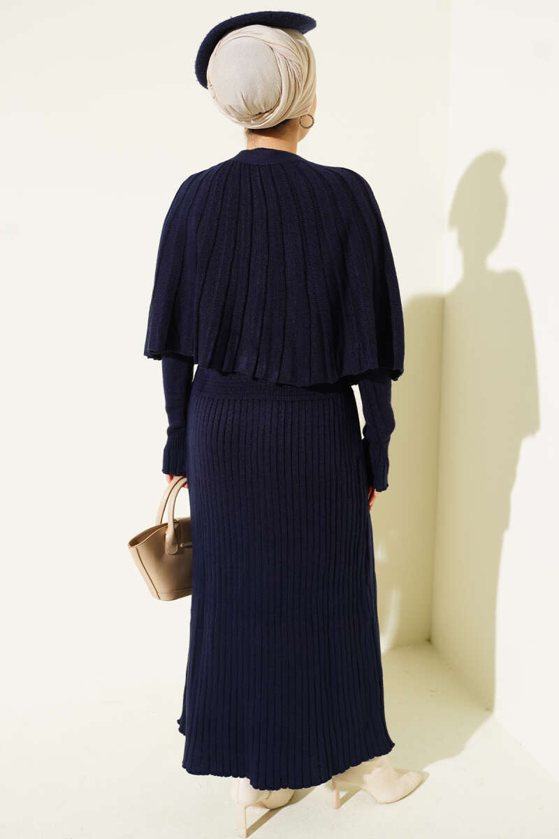 Buttoned Cape Knit Dress Set Navy Blue - Imagen 3
