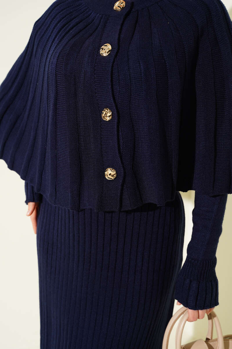 Buttoned Cape Knit Dress Set Navy Blue - Imagen 4