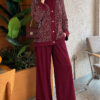 Buttoned Sequin-Embroidered Three-Piece Set Burgundy