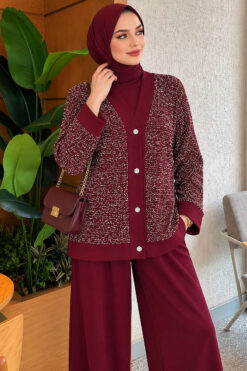 Alternative view of Buttoned Sequin-Embroidered Three-Piece Set Burgundy
