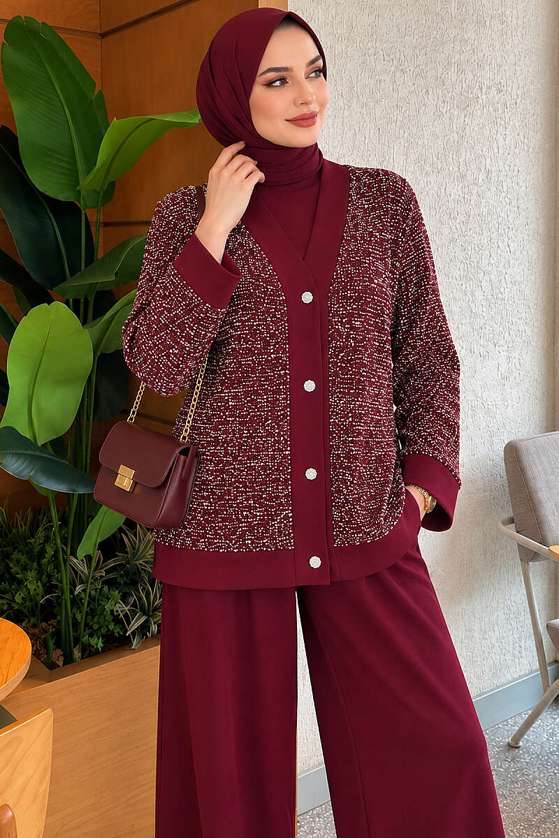 Buttoned Sequin-Embroidered Three-Piece Set Burgundy - Imagen 2