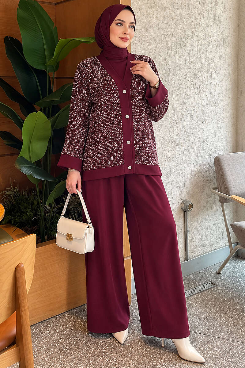 Buttoned Sequin-Embroidered Three-Piece Set Burgundy - Imagen 3