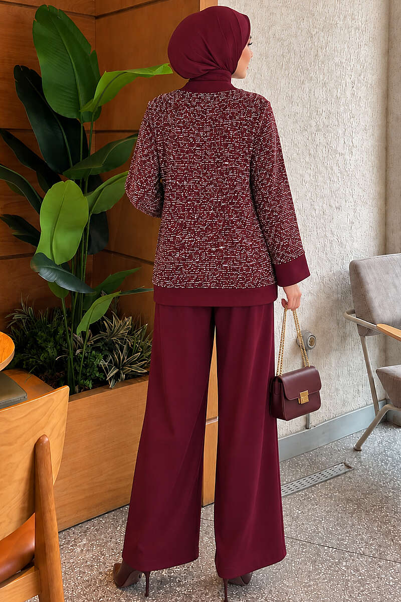 Buttoned Sequin-Embroidered Three-Piece Set Burgundy - Imagen 4