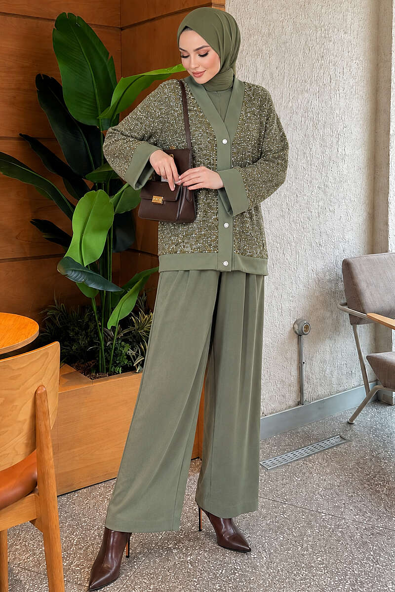 Buttoned Sequin-Embroidered Three-Piece Set Khaki