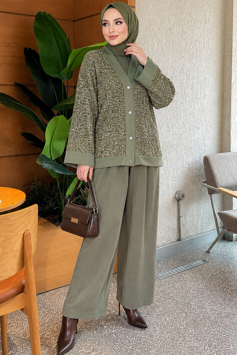 Buttoned Sequin-Embroidered Three-Piece Set Khaki – Bild 2