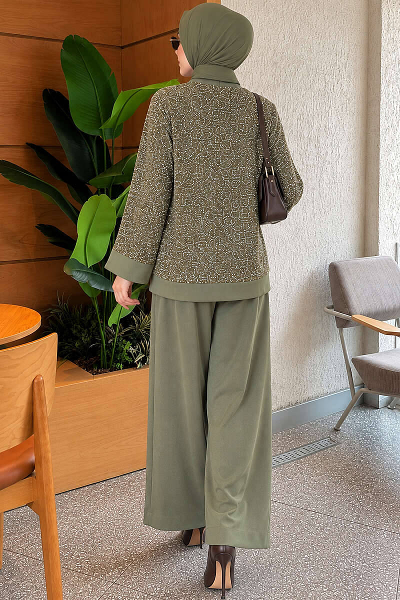 Buttoned Sequin-Embroidered Three-Piece Set Khaki – Bild 4