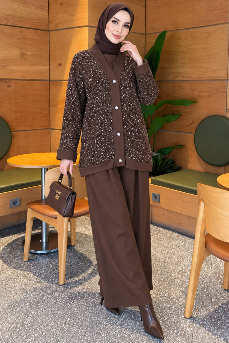 Buttoned Sequin-Embroidered Three-Piece Set Brown