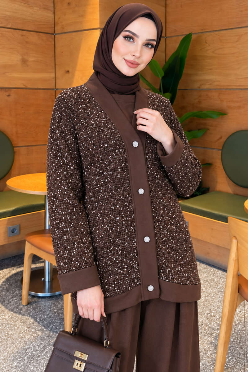 Buttoned Sequin-Embroidered Three-Piece Set Brown - Image 2