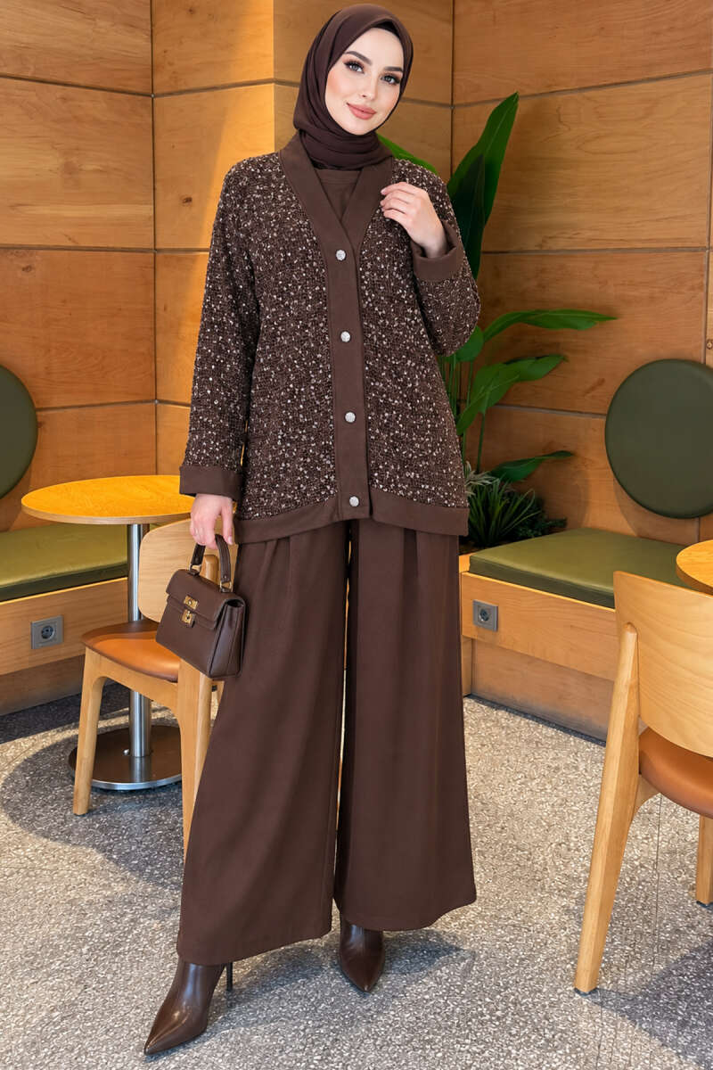Buttoned Sequin-Embroidered Three-Piece Set Brown - Image 3