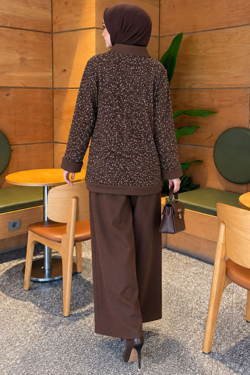Buttoned Sequin-Embroidered Three-Piece Set Brown - Image 4