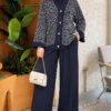Buttoned Sequin-Embroidered Three-Piece Set Navy Blue