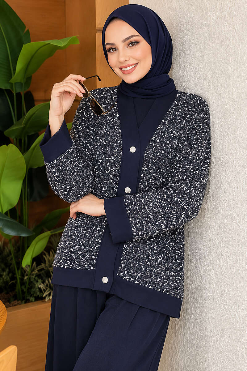 Buttoned Sequin-Embroidered Three-Piece Set Navy Blue – Bild 2