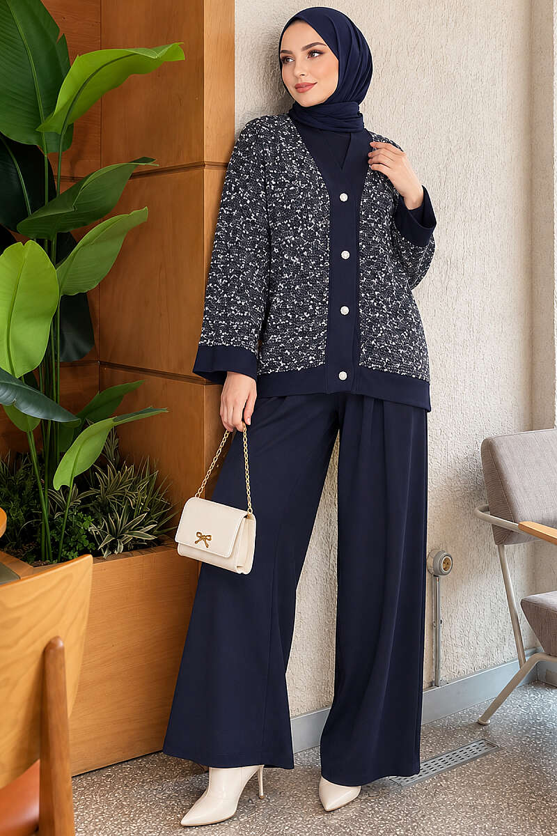 Buttoned Sequin-Embroidered Three-Piece Set Navy Blue – Bild 3