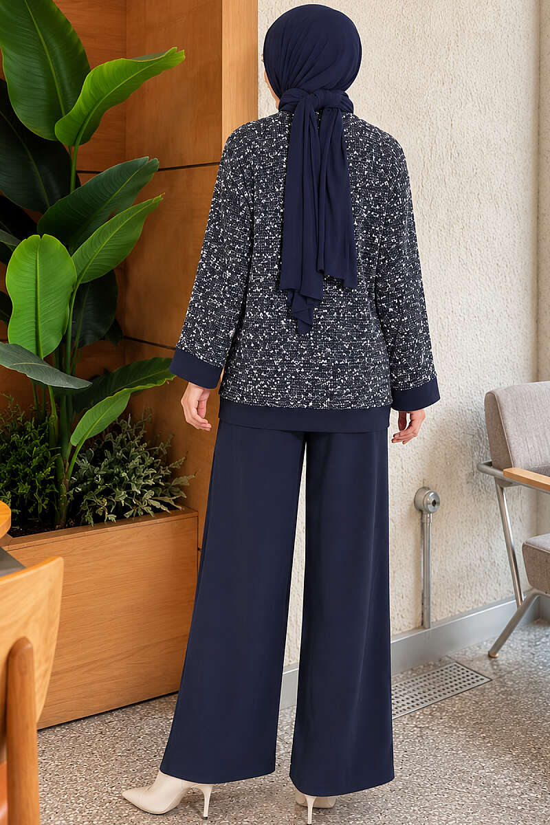 Buttoned Sequin-Embroidered Three-Piece Set Navy Blue – Bild 4