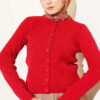 Buttoned Knitted Cardigan with Braided Hair Texture Red