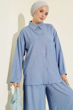 Alternative view of Buttoned Relaxed Two-Piece Set Blue