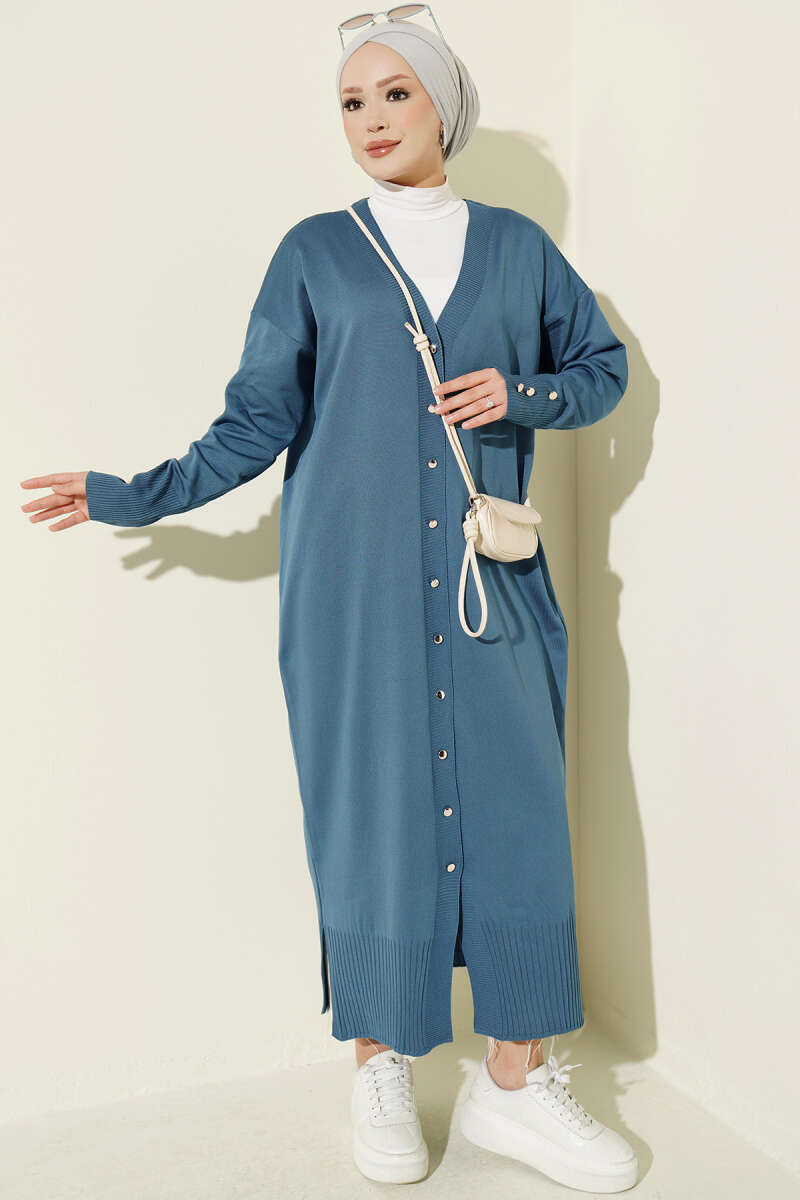 Buttoned Long French Terry Cardigan Indigo