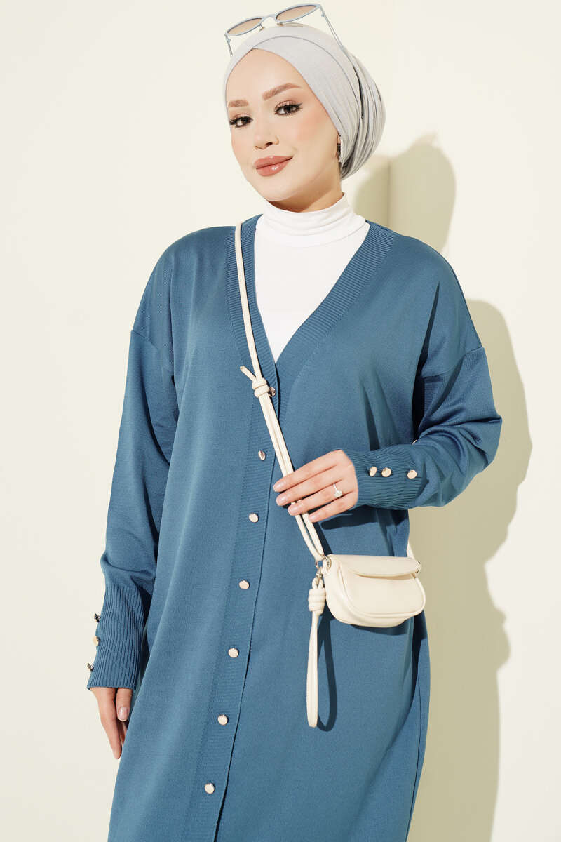 Buttoned Long French Terry Cardigan Indigo - الصورة 2