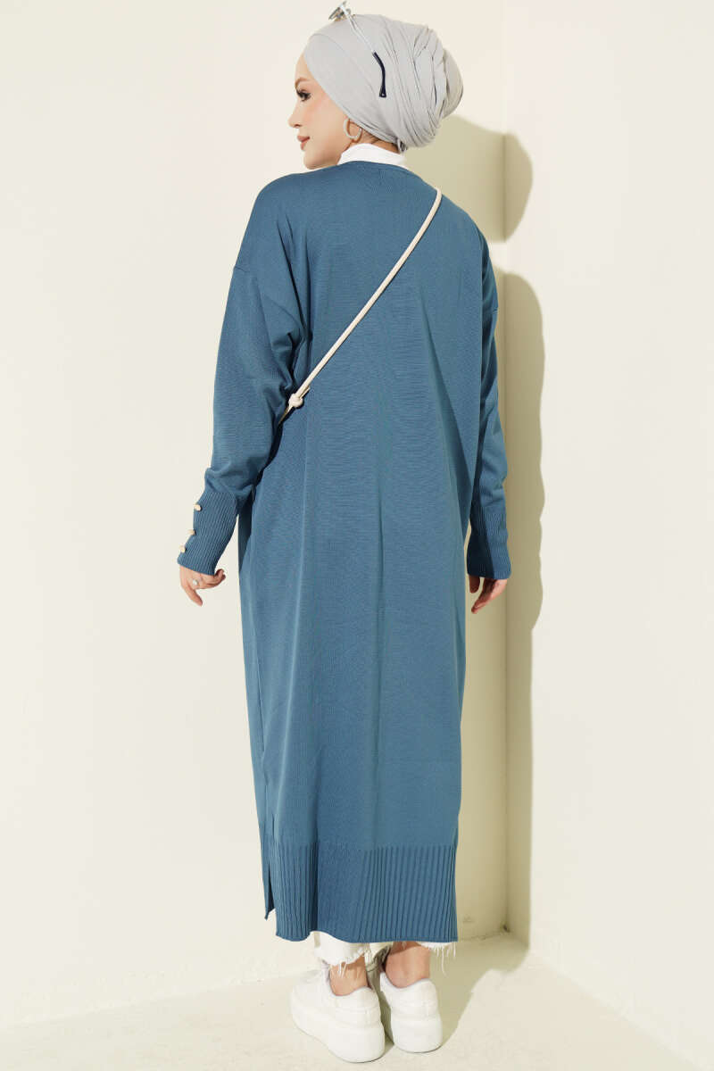 Buttoned Long French Terry Cardigan Indigo - الصورة 3