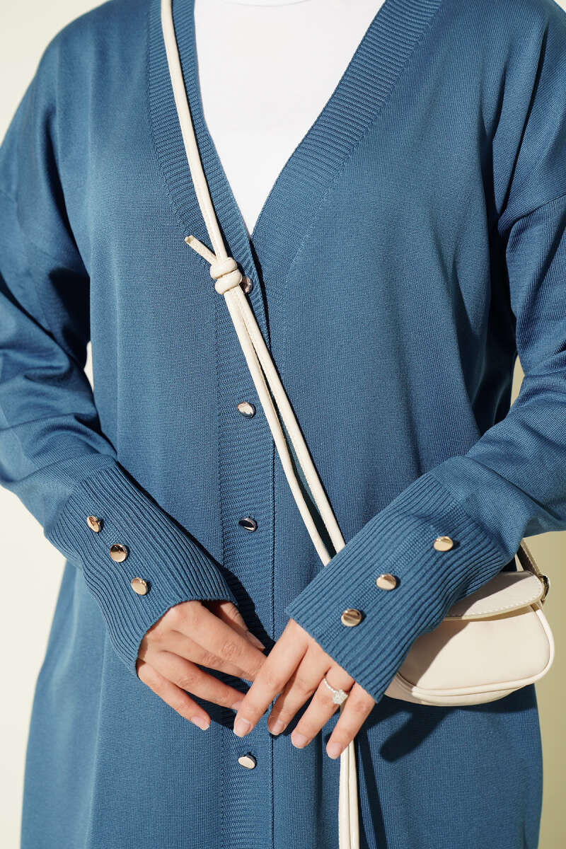 Buttoned Long French Terry Cardigan Indigo - الصورة 4