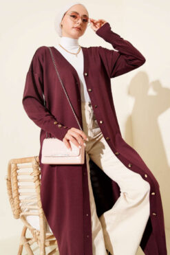 Alternative view of Buttoned Long French Terry Cardigan Plum