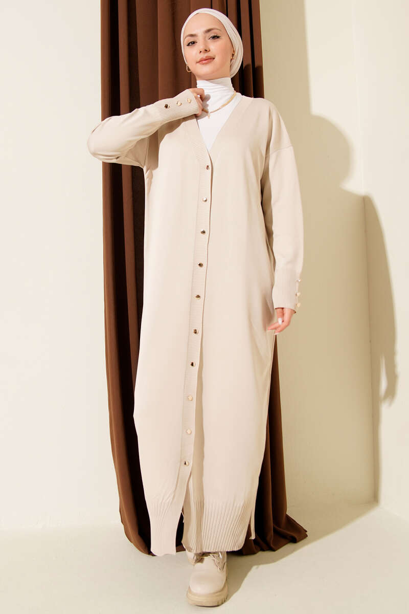 Buttoned Long French Terry Cardigan Stone