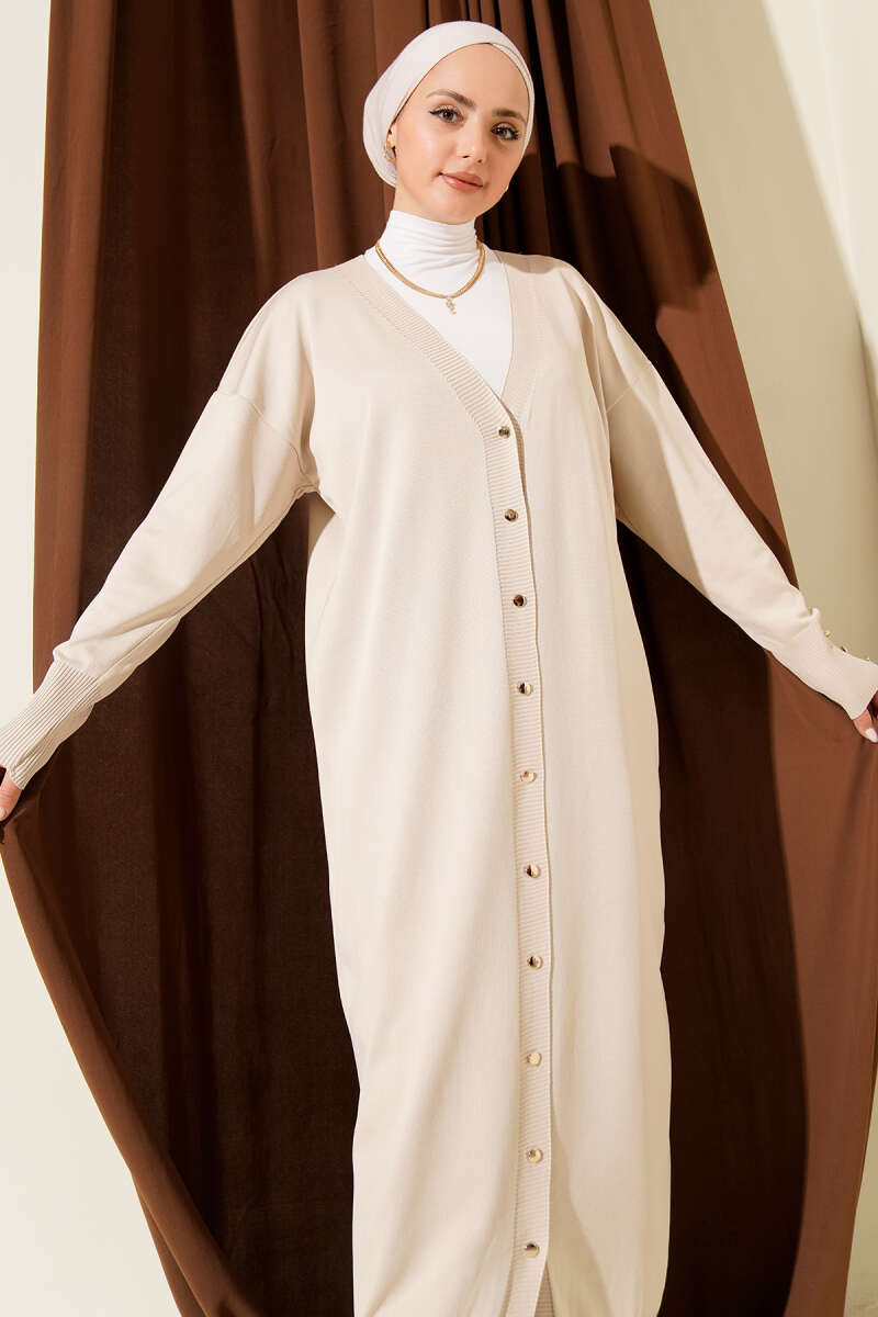 Buttoned Long French Terry Cardigan Stone – Image 2