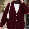 Buttoned V-Neck Knit Cardigan Burgundy
