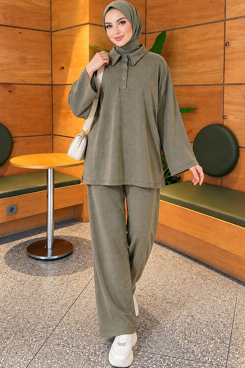 Button-up Collar Tencel Two-Piece Set Khaki - Imagen 2