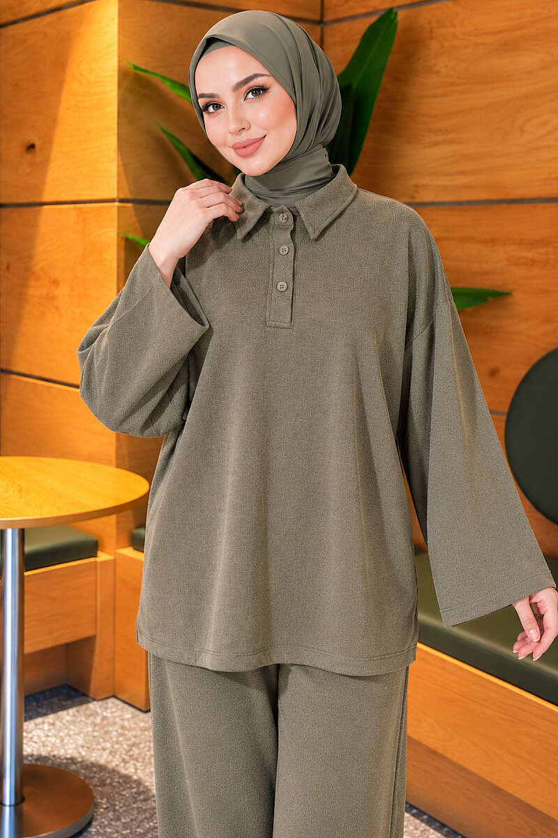Button-up Collar Tencel Two-Piece Set Khaki - Imagen 3