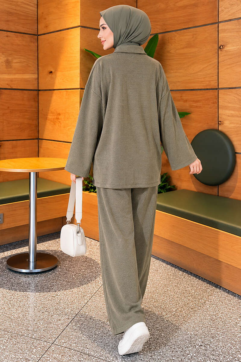 Button-up Collar Tencel Two-Piece Set Khaki - Imagen 4