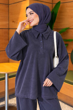 Alternative view of Button-up Collar Tencel Two-Piece Set Navy Blue