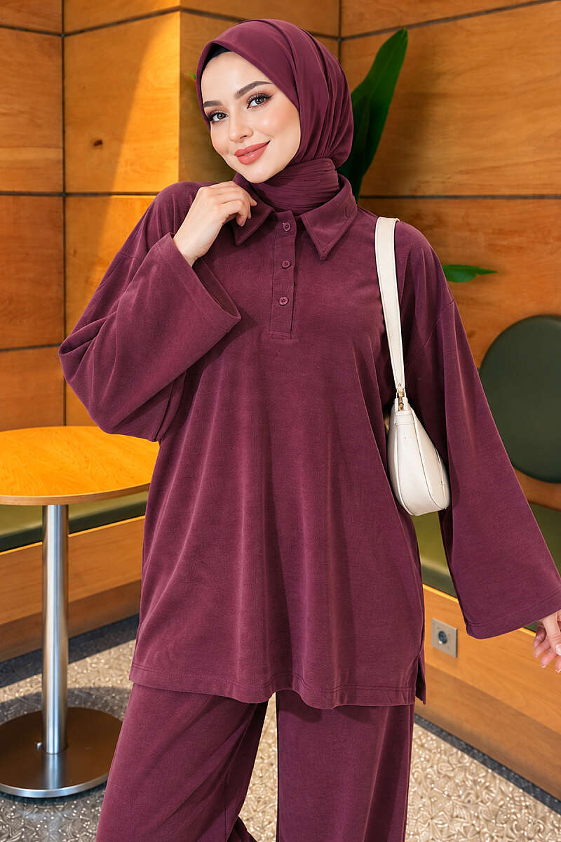 Button-up Collar Tencel Two-Piece Set Plum