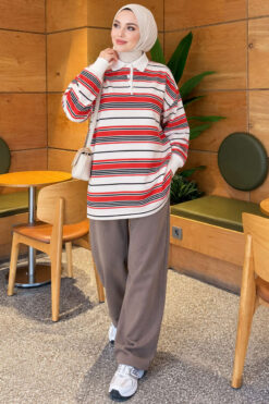 Alternative view of Button-up Horizontal Striped Tunic Red