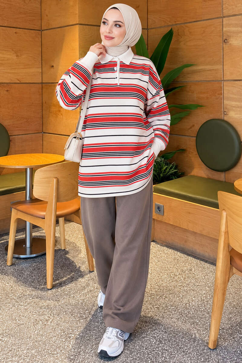 Button-up Horizontal Striped Tunic Red - Image 2