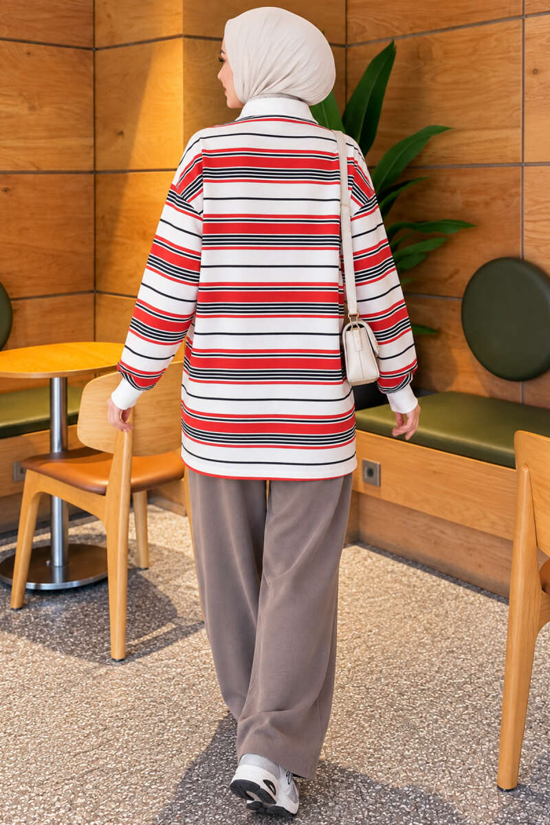 Button-up Horizontal Striped Tunic Red - Image 4
