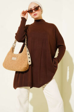 Long-Sleeve Knit Tunic with Drop Sleeve Details Brown