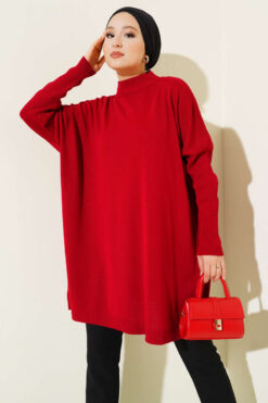 Long-Sleeve Knit Tunic with Drop Sleeve Details Red
