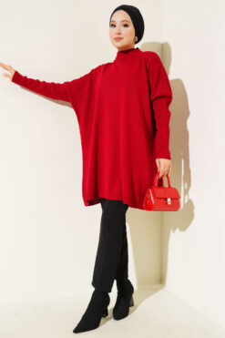 Alternative view of Long-Sleeve Knit Tunic with Drop Sleeve Details Red
