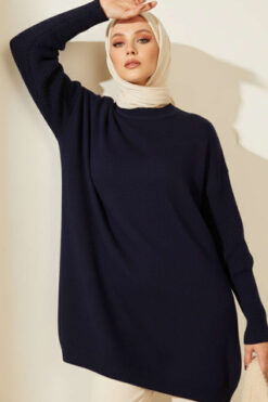 Long-Sleeve Knit Tunic with Drop Sleeve Details Navy Blue