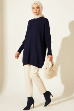 Alternative view of Long-Sleeve Knit Tunic with Drop Sleeve Details Navy Blue