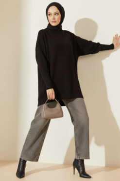 Long-Sleeve Knit Tunic with Drop Sleeve Details Black