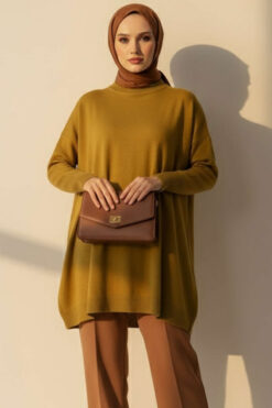 Long-Sleeve Knit Tunic with Drop Sleeve Details Oil Green