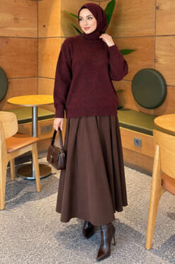 Alternative view of Long-Sleeve Ribbed Knit Sweater with Cuffed Hem Burgundy