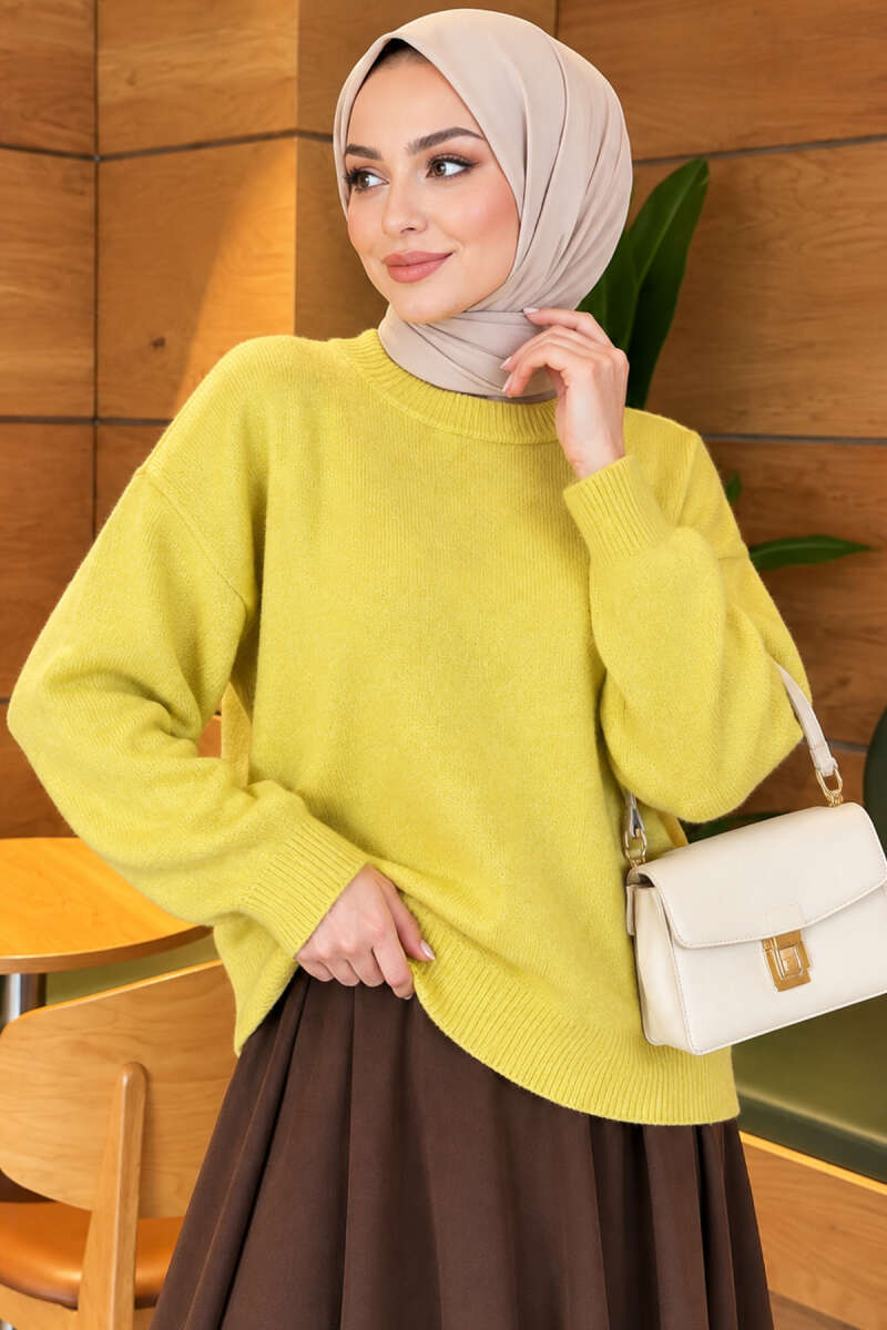 Long-Sleeve Ribbed Knit Sweater with Cuffed Hem Mustard