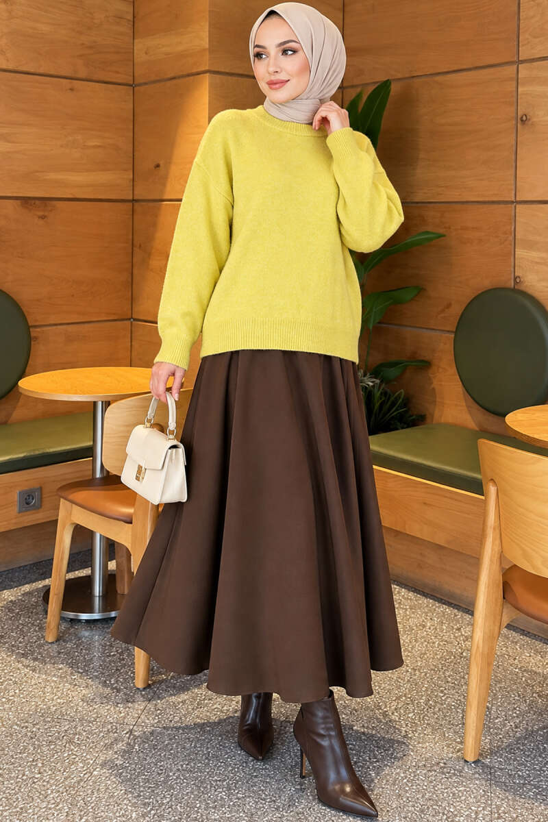 Long-Sleeve Ribbed Knit Sweater with Cuffed Hem Mustard - Afbeelding 2
