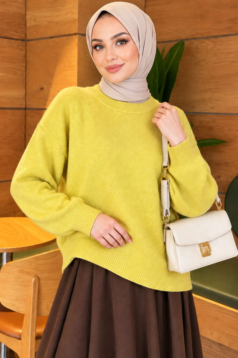 Long-Sleeve Ribbed Knit Sweater with Cuffed Hem Mustard - Afbeelding 3