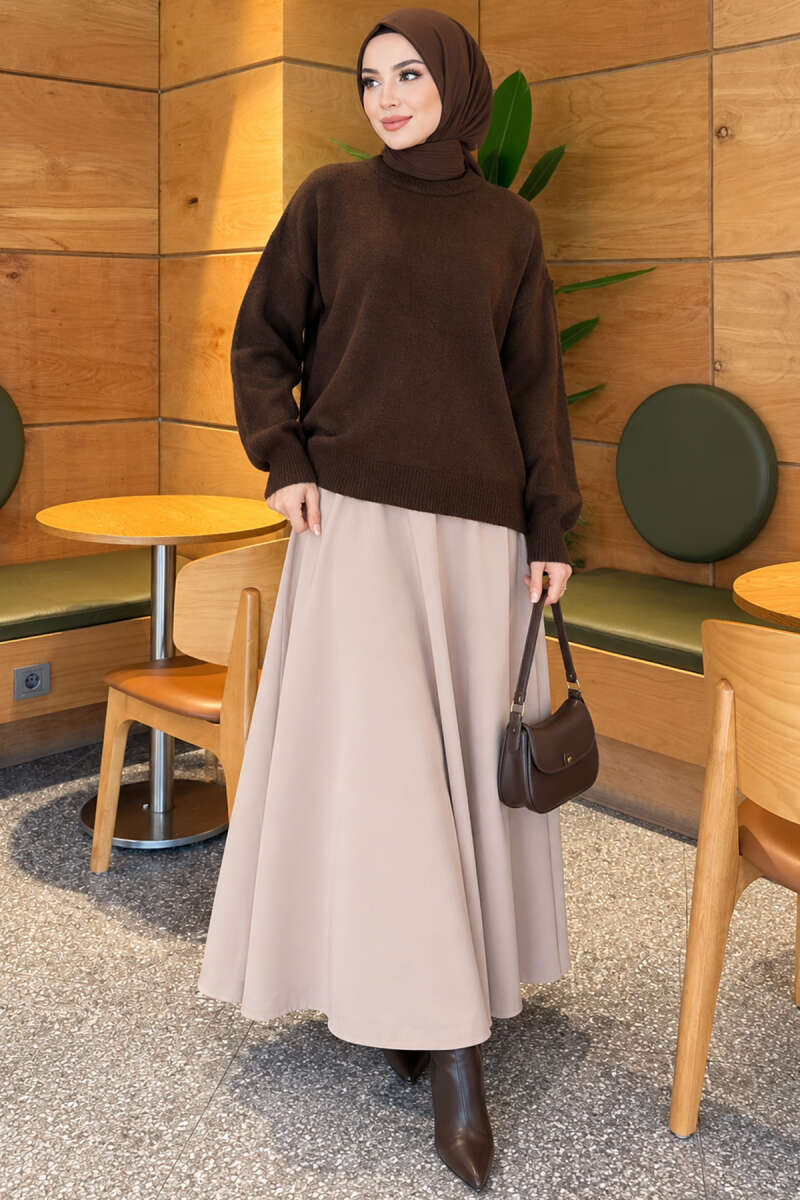 Long-Sleeve Ribbed Knit Sweater with Cuffed Hem Brown - Afbeelding 2