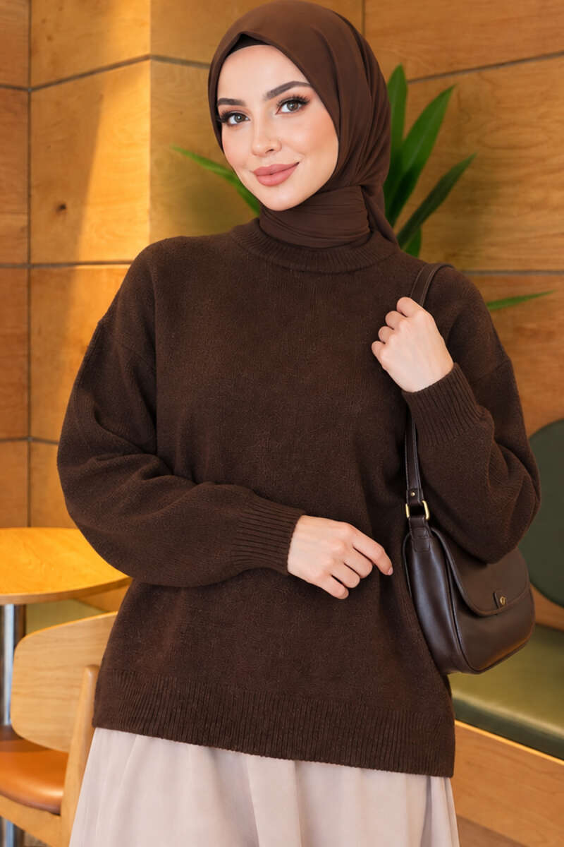 Long-Sleeve Ribbed Knit Sweater with Cuffed Hem Brown - Afbeelding 3